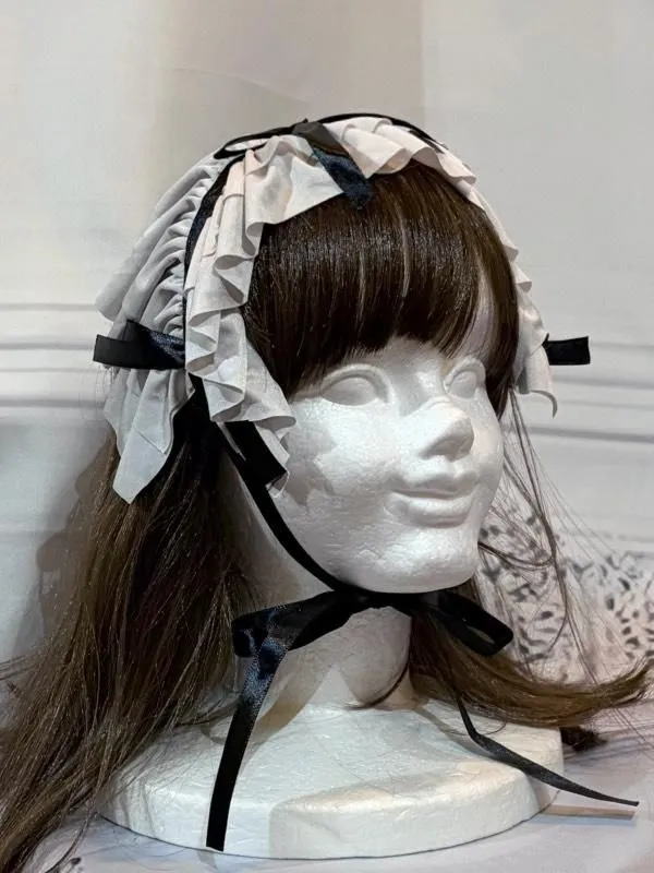 【MARBLE】マーブル リボンフリルヘッドドレス:シャンパン白グレー×黒サテンリボン