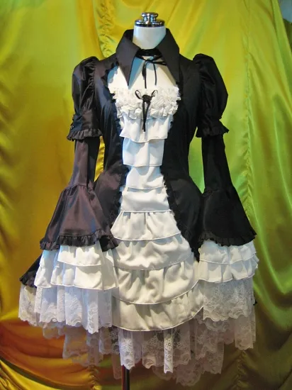 【MARBLE】マーブル 別衿・姫袖付きドレスワンピース:黒×白フリル