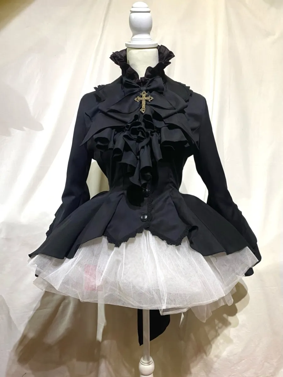 【MARBLE】マーブル ボリュームタイ付きブラウス付き風ジャケット:黒×ボルドー