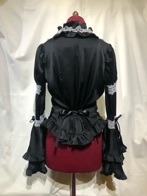 【MARBLE】マーブル チョーカー付き風パフスリーブブラウス+パ二エ入りレース飾りティアードスカート:黒×白レース