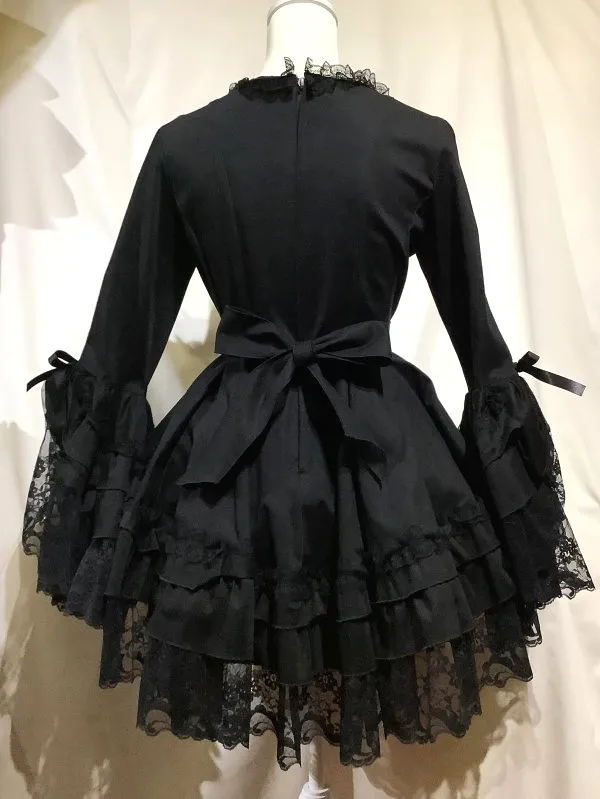【MARBLE】マーブル 編み上げ総フリルドレスワンピース:黒×黒レース