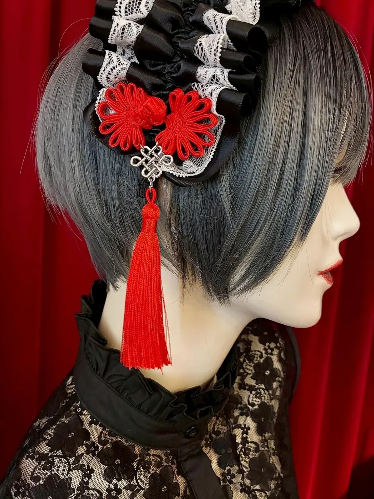 【Estrellas】エストレージャス アジアンゴシックタッセルカチューシャ/黒×白/赤タッセル★ウィンターセール2月23日まで★