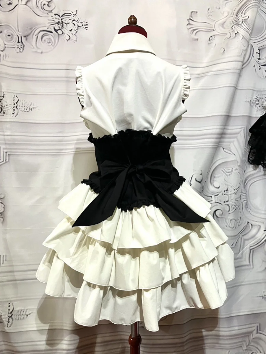 【MARBLE】マーブル 十字架モチーフネクタイ付きビスチェ型コルセット風ブラウスワンピース:オフ白×黒ストライプ×黒タイ