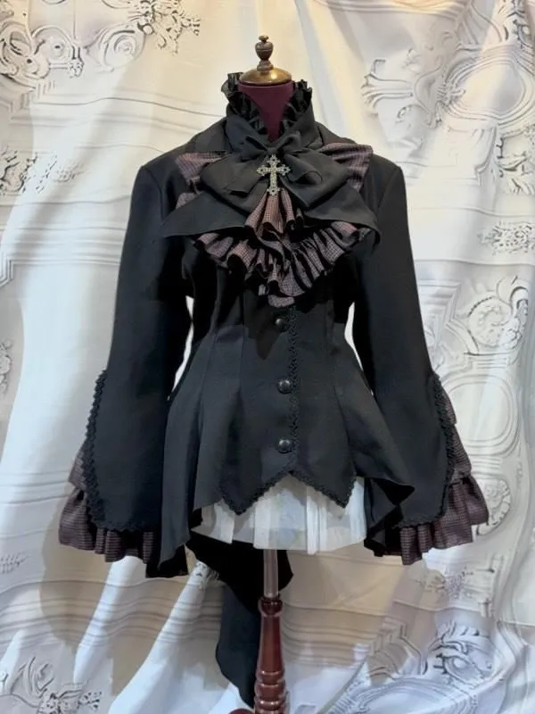 【MARBLE】マーブル ボリュームタイ付きブラウス付き風ジャケット:黒赤チェック◆L~LLサイズ