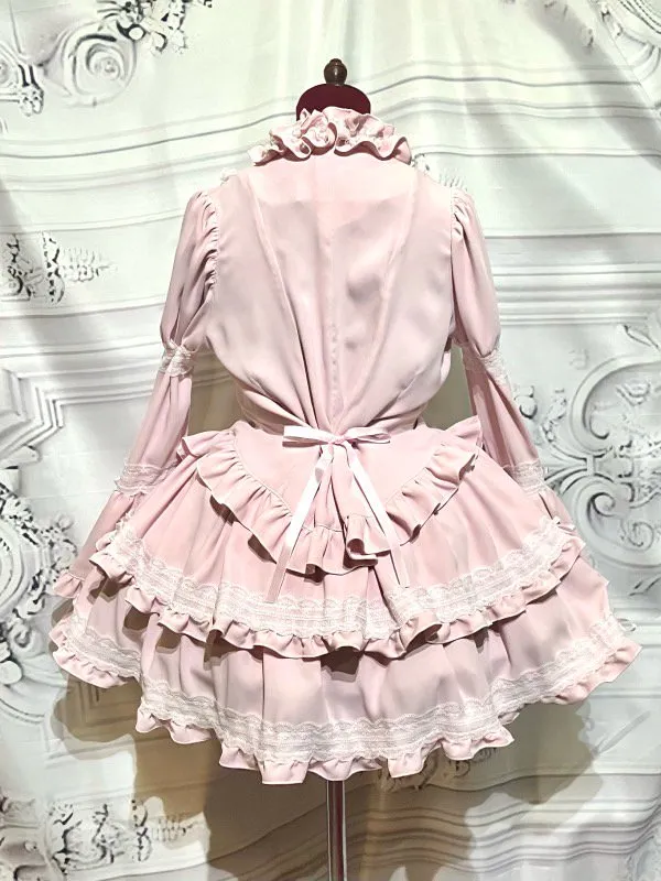 【MARBLE】マーブル チョーカー付き風パフスリーブブラウス+パ二エ入りレース飾りティアードスカート:ピンク×白レース