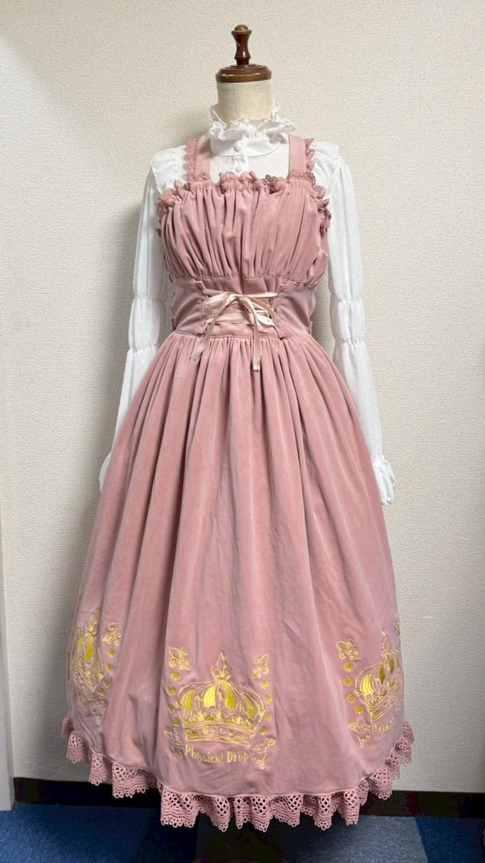 【Physical Drop】フィジカルドロップ 王冠刺繍別珍ジャンパースカートピンク】