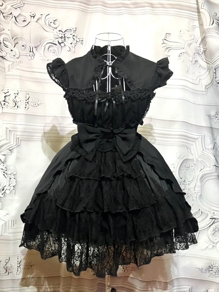 【MARBLE】マーブル 姫袖ボレロ付き配色切り替えデコラティブワンピース:黒レースワンピース×黒レースボレロ