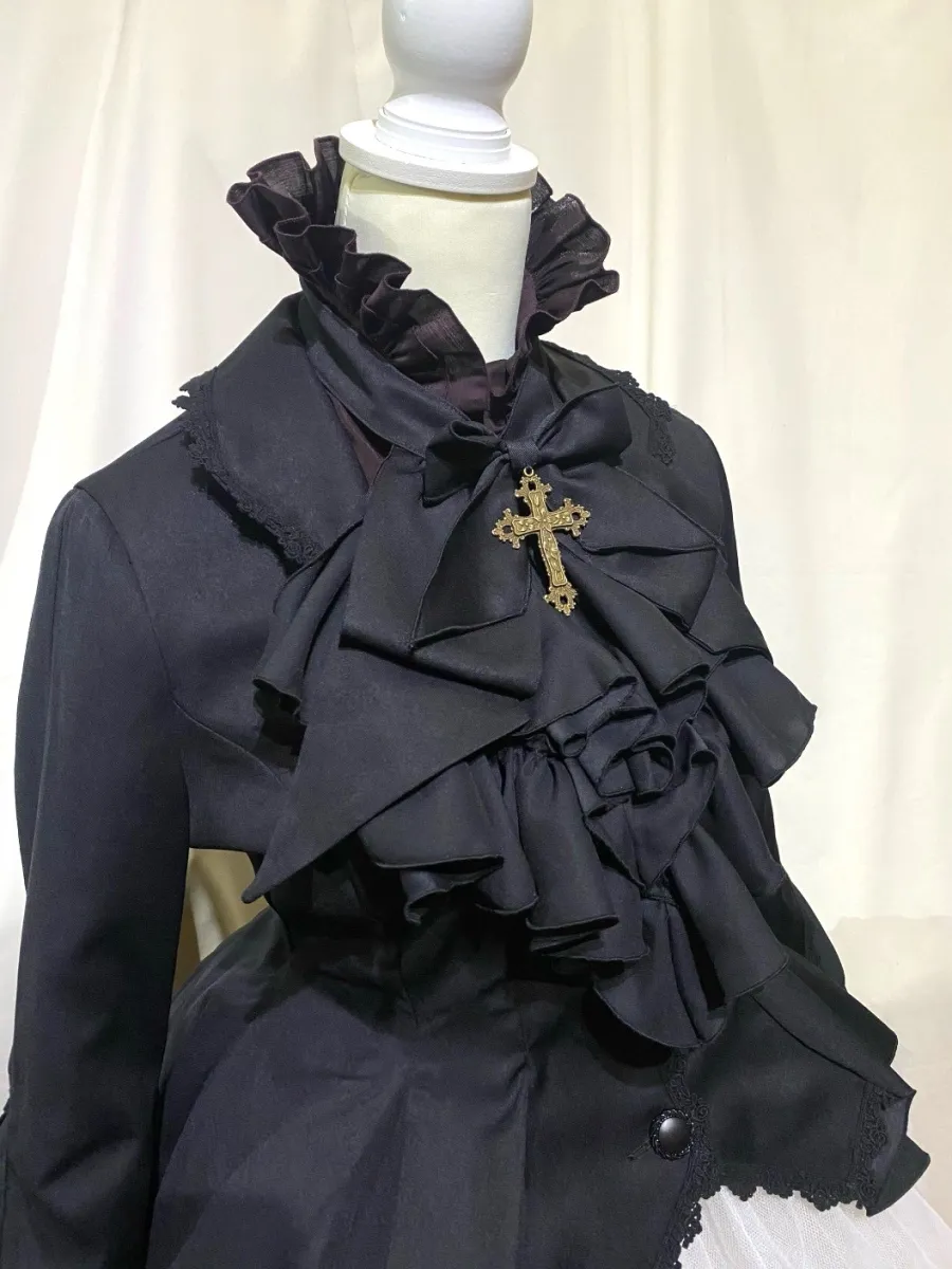 【MARBLE】マーブル ボリュームタイ付きブラウス付き風ジャケット:黒×ボルドー