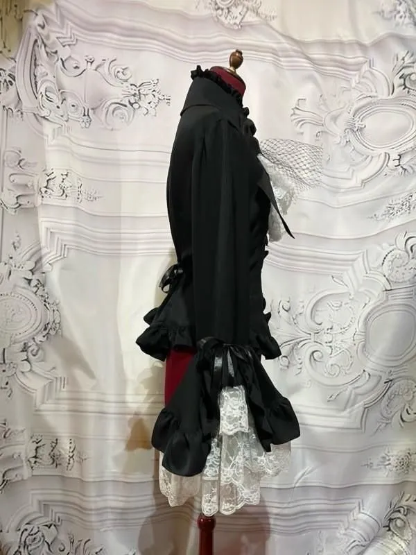 【MARBLE】マーブル 別タイ付きクラシカルデコレーションブラウス:黒ストライプ×黒×白レース