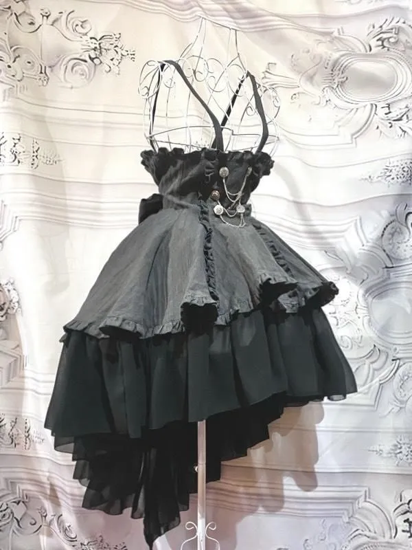 エンブレム飾りチェーン付きハイウエストドレープスカート:グレーストライプ×黒フリル◆LL~3Lサイズ◆ル★SALE対象外★