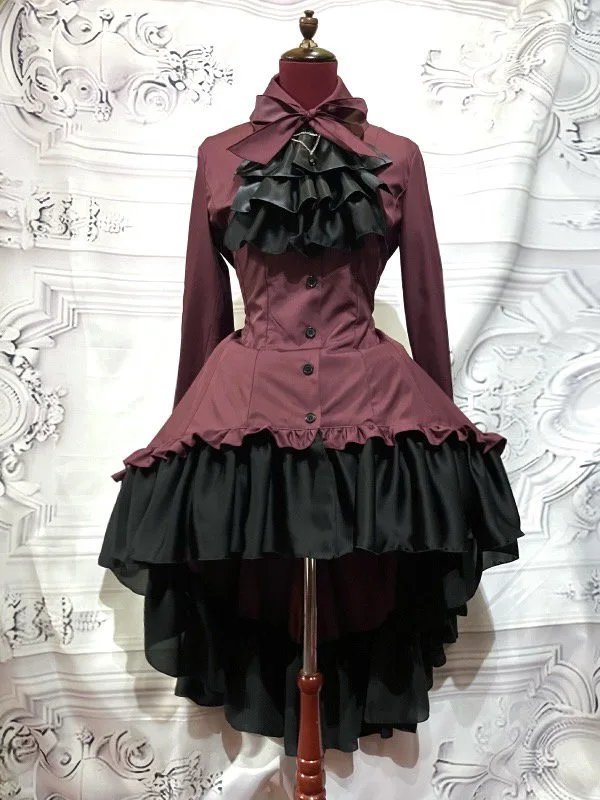 【MARBLE】マーブル ゴシック調ダイヤカットタイ付きブラウス型ワンピース:えんじ×黒石