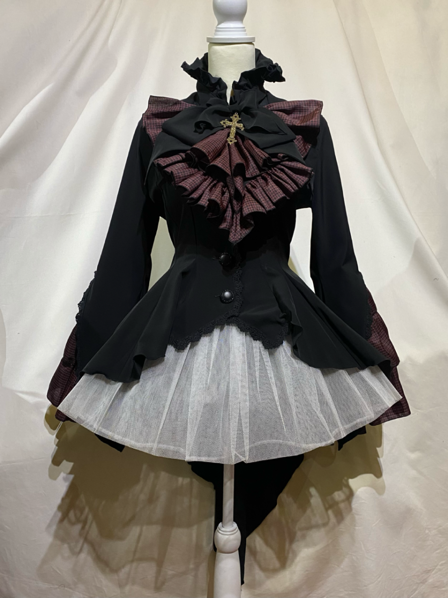 【MARBLE】マーブル ボリュームタイ付きブラウス付き風ジャケット:黒赤チェック