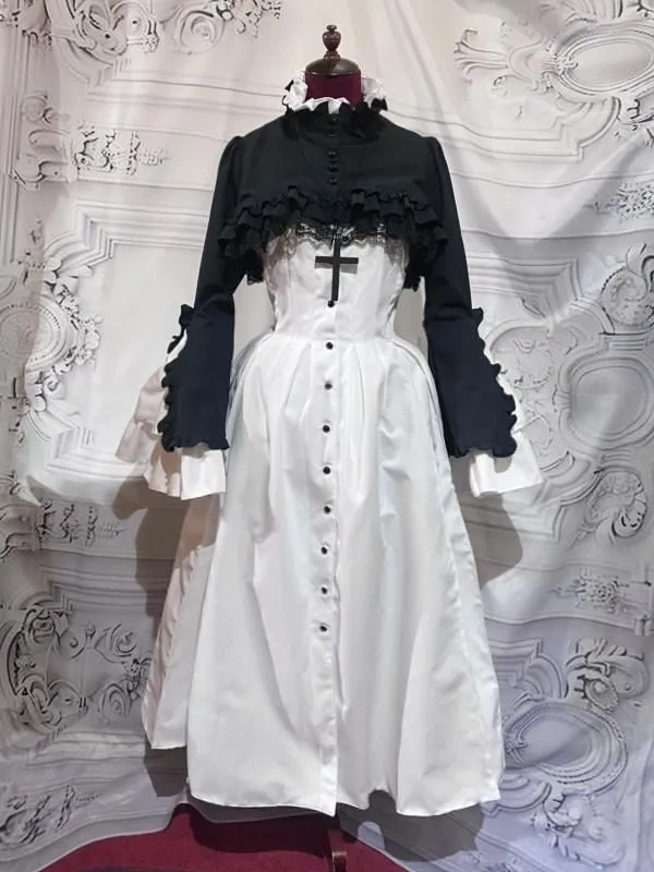 【MARBLE】マーブル クラシカル調ロングブラウスワンピース+ショート丈モダンジャケット+十字架ネックレス:白×黒