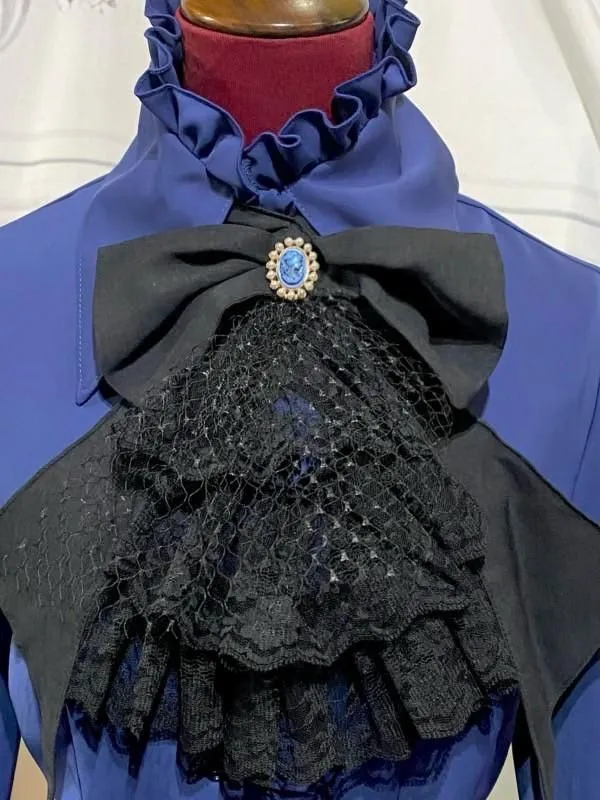 【MARBLE】マーブル 別タイ付きクラシカルデコレーションブラウス:紺×黒レース