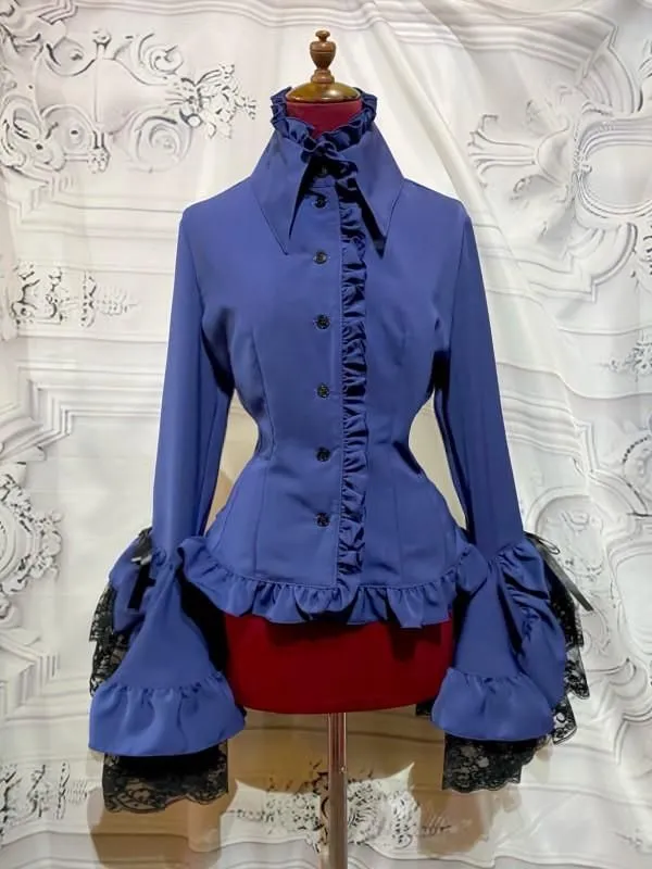 【MARBLE】マーブル 別タイ付きクラシカルデコレーションブラウス:紺×黒レース