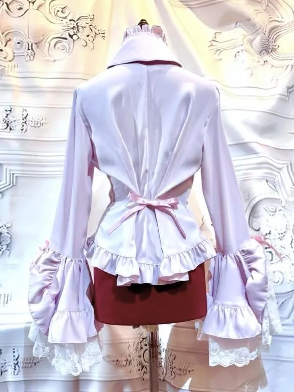 【MARBLE】マーブル 別タイ付きクラシカルデコレーションブラウス:ピンク×ピンク×白レース