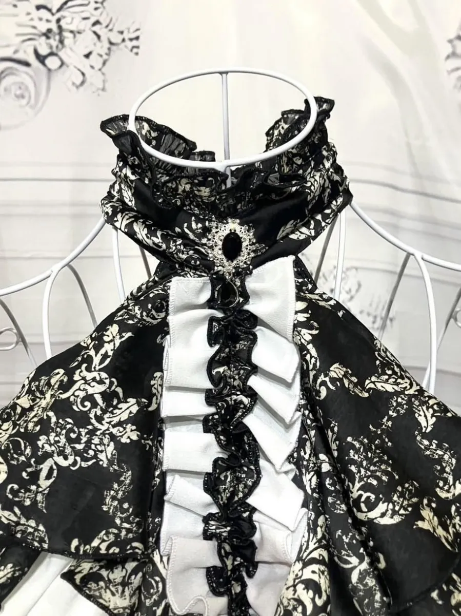 【MARBLE】マーブル ゴシック調ボリュームドレープタイ:黒地白ゴシック柄×白