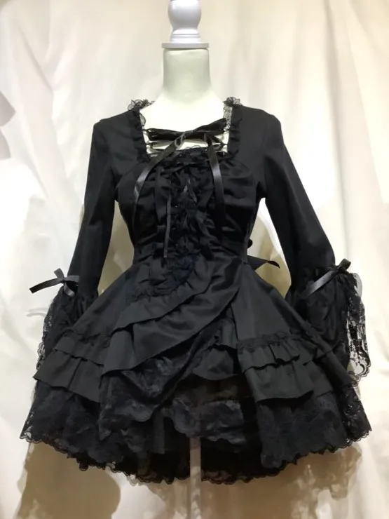 【MARBLE】マーブル 編み上げ総フリルドレスワンピース:黒×黒レース