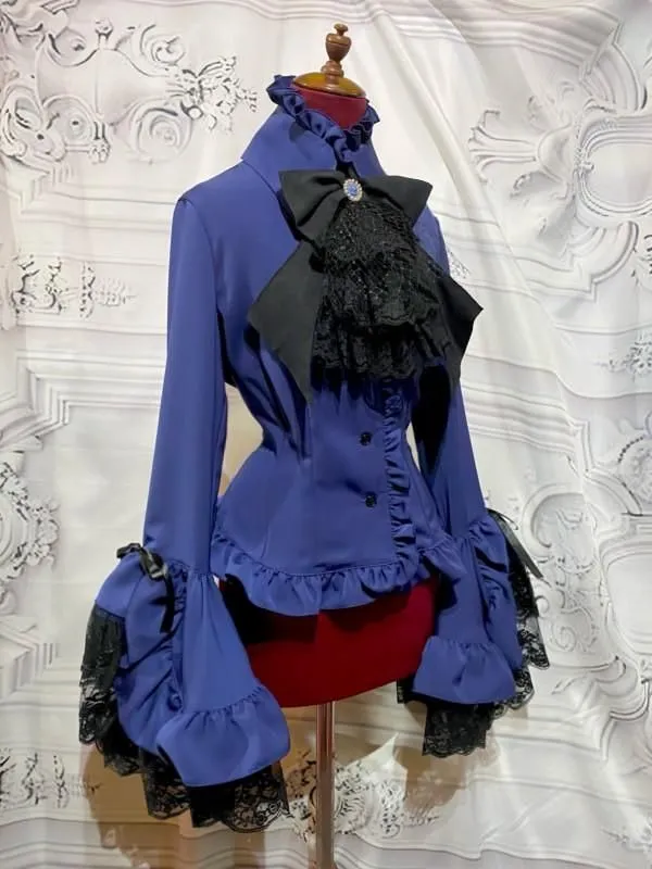 【MARBLE】マーブル 別タイ付きクラシカルデコレーションブラウス:紺×黒レース