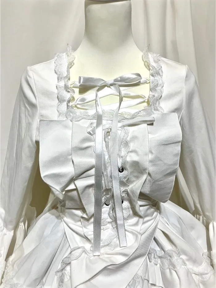 【MARBLE】マーブル 編み上げ総フリルドレスワンピース:白×白レース