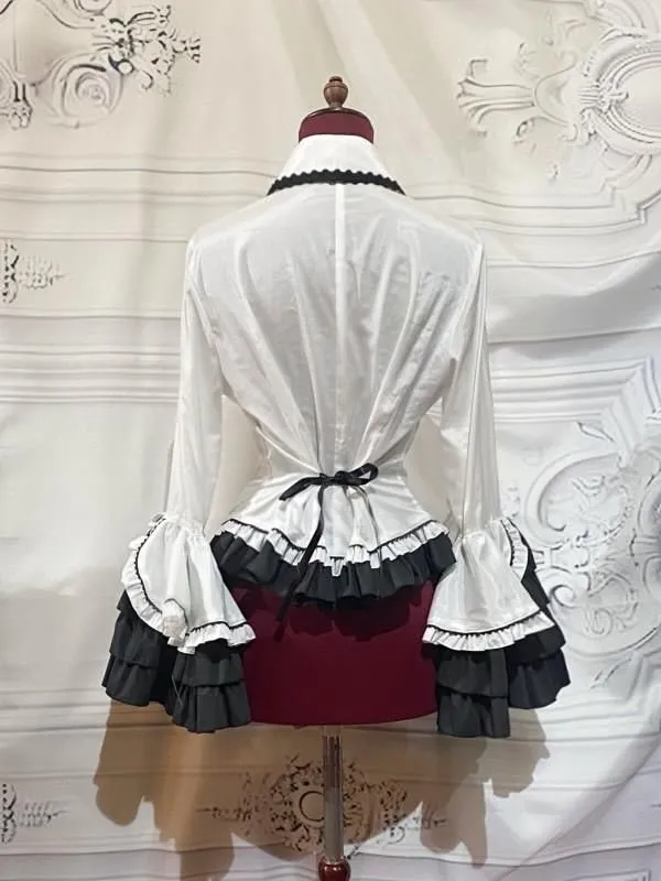 【MARBLE】マーブル デコラティブネクタイ付き配色切り替え姫袖ブラウス:白×白地黒ゴシック柄