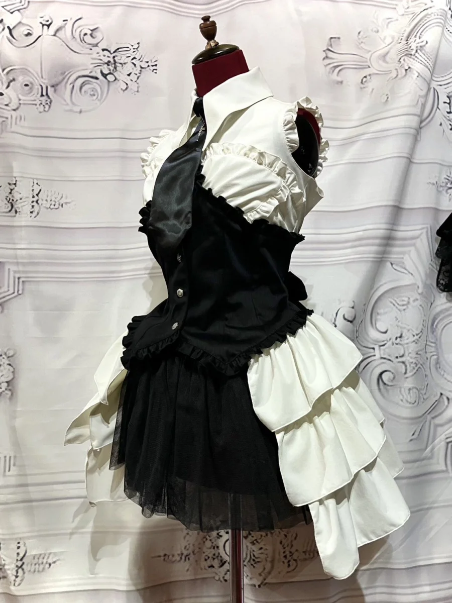 【MARBLE】マーブル 十字架モチーフネクタイ付きビスチェ型コルセット風ブラウスワンピース:オフ白×黒ストライプ×黒タイ