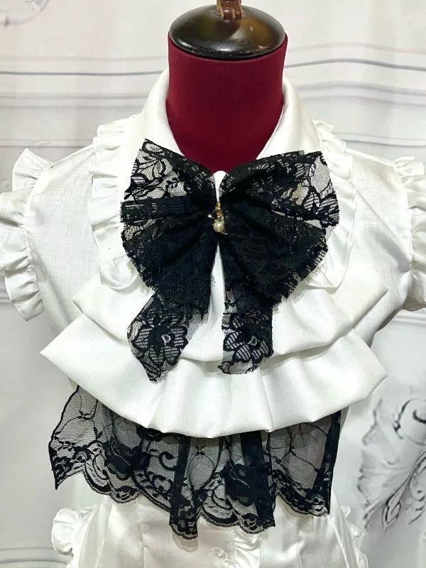 【MARBLE】マーブル 蝶型コサージュフリルタイ付きノースリーブブラウス:白黒