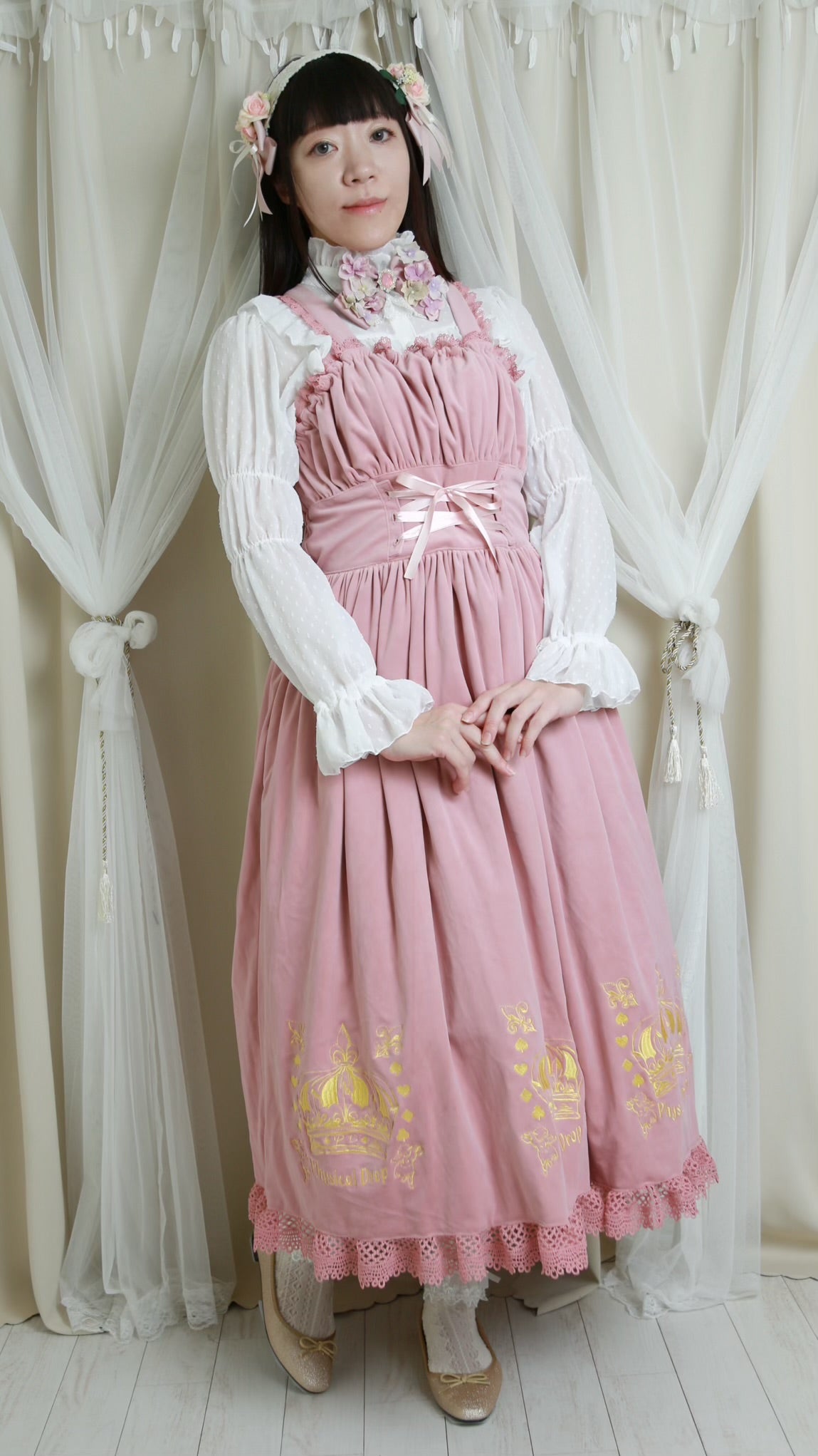 【Physical Drop】フィジカルドロップ 王冠刺繍別珍ジャンパースカートピンク】