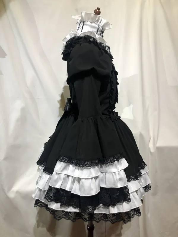 【MARBLE】マーブル アーチブレード切り替え立ち衿クラシックワンピース:白×黒★SALE対象外★