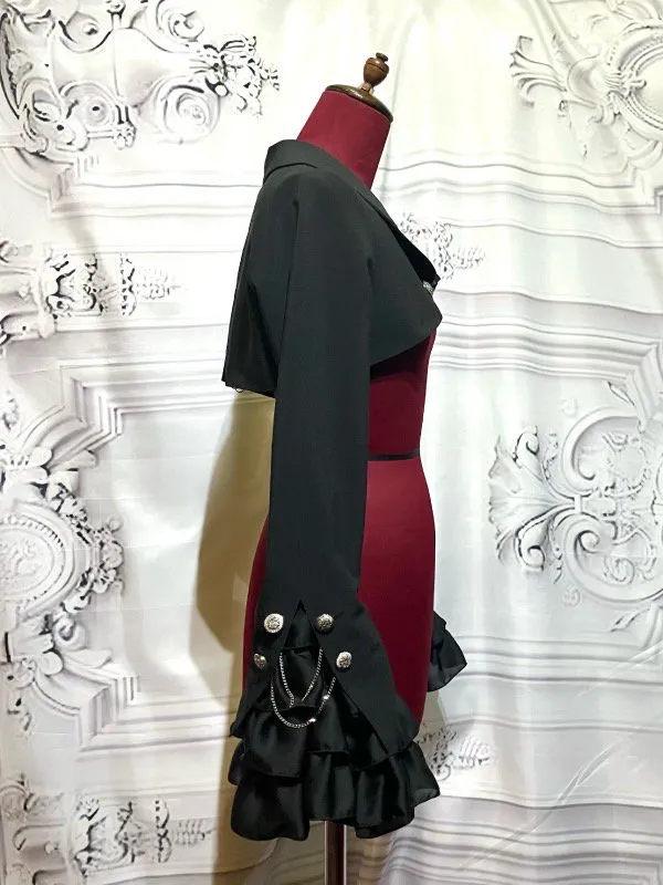 【MARBLE】マーブル エンブレムチェーン付き姫袖ショートジャケット:黒×黒フリル