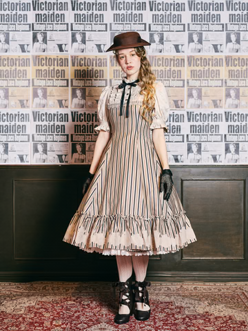【Victorian maiden】ヴィクトリアンメイデン vintageレースレジメンハーフスリーブドールドレス ベージュ×ミルクティーベージュ(ノーマルサイズ) /ベージュ×ボルドー(グローバルサイズ)