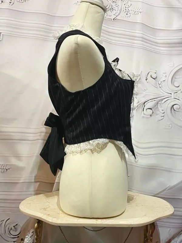 【MARBLE】マーブル 胸元編み上げコルセット風ベスト:黒ストライプ×白レース