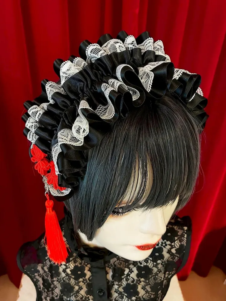 【Estrellas】エストレージャス アジアンゴシックタッセルカチューシャ/黒×白/赤タッセル★ウィンターセール2月23日まで★