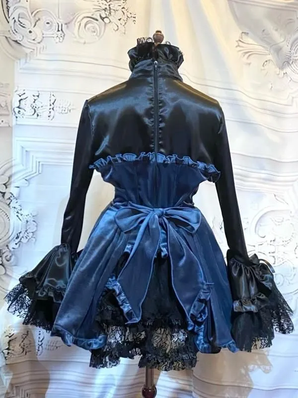 【MARBLE】マーブル ブラウス付き風ワンピース+ボリュームリボンフリルスカート+リボンコサージュ:黒×青ベロア