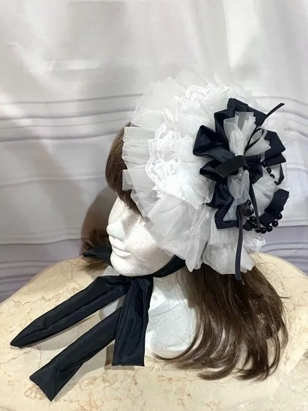 【MARBLE】マーブル パール付きロマンティックボンネット:黒×黒バラ×白フリル×白レース×黒パール