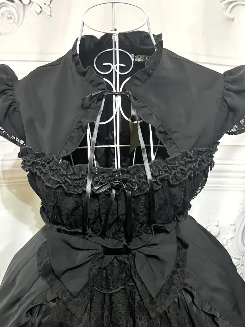 【MARBLE】マーブル 姫袖ボレロ付き配色切り替えデコラティブワンピース:黒レースワンピース×黒レースボレロ