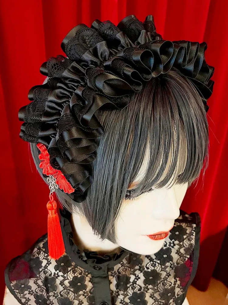 【Estrellas】エストレージャス アジアンゴシックタッセルカチューシャ/黒×黒/赤タッセル★ウィンターセール2月23日まで★