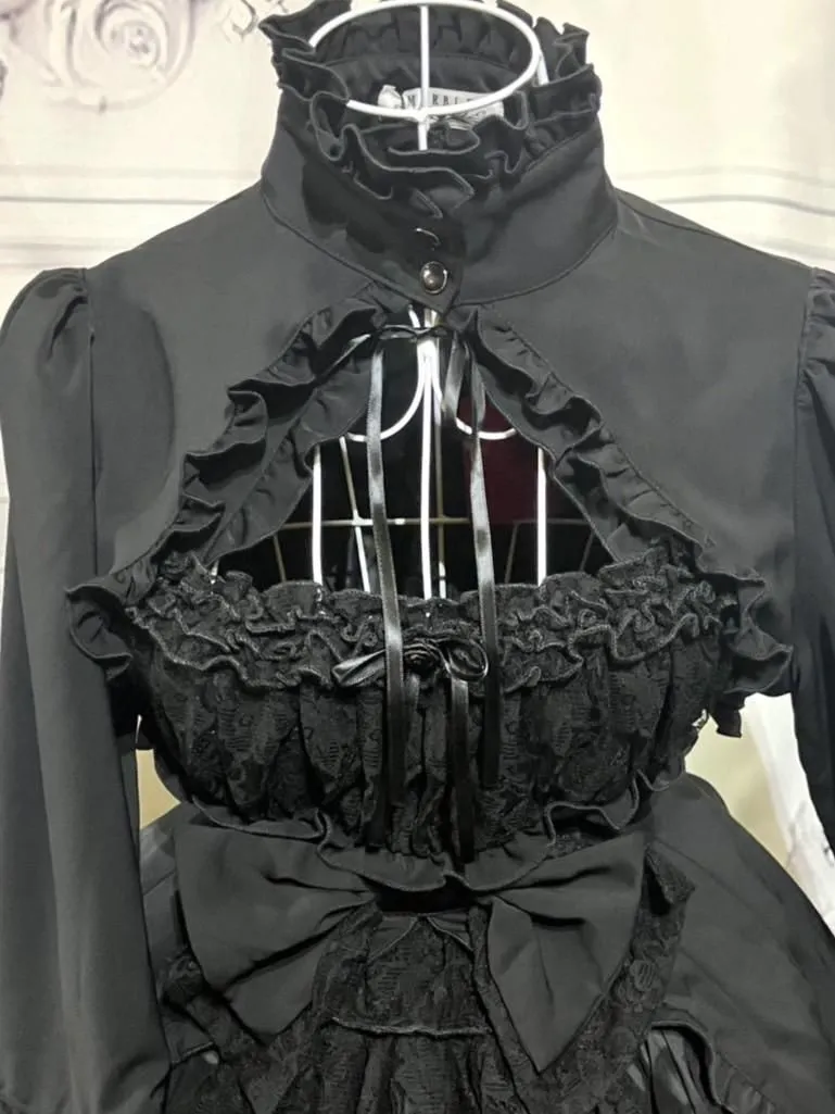 【MARBLE】マーブル 姫袖ボレロ付き配色切り替えデコラティブワンピース:黒レースワンピース×黒レースボレロ