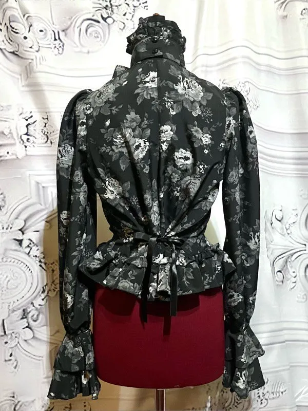 【MARBLE】マーブル ビジュー付きリボンタイフリルブラウス黒地グレーバラ