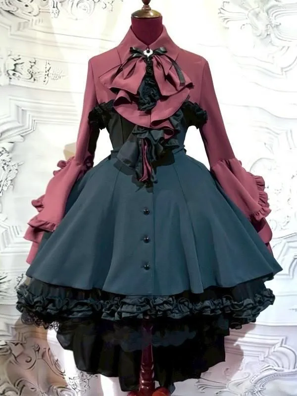 【MARBLE】マーブル ドレープタイ付きゴシックエレガンスブラウスワンピース:えんじ×黒