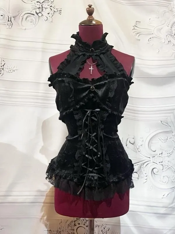 【MARBLE】マーブル アクセサリー付き編み上げビスチェ:黒ベロア×黒