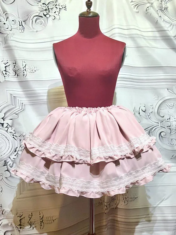 【MARBLE】マーブル チョーカー付き風パフスリーブブラウス+パ二エ入りレース飾りティアードスカート:ピンク×白レース