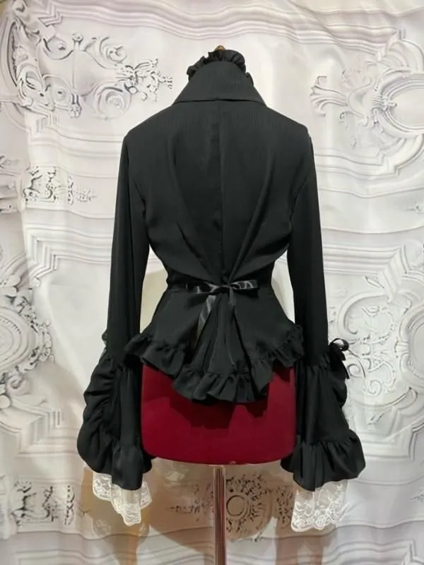 【MARBLE】マーブル 別タイ付きクラシカルデコレーションブラウス:黒ストライプ×黒×白レース