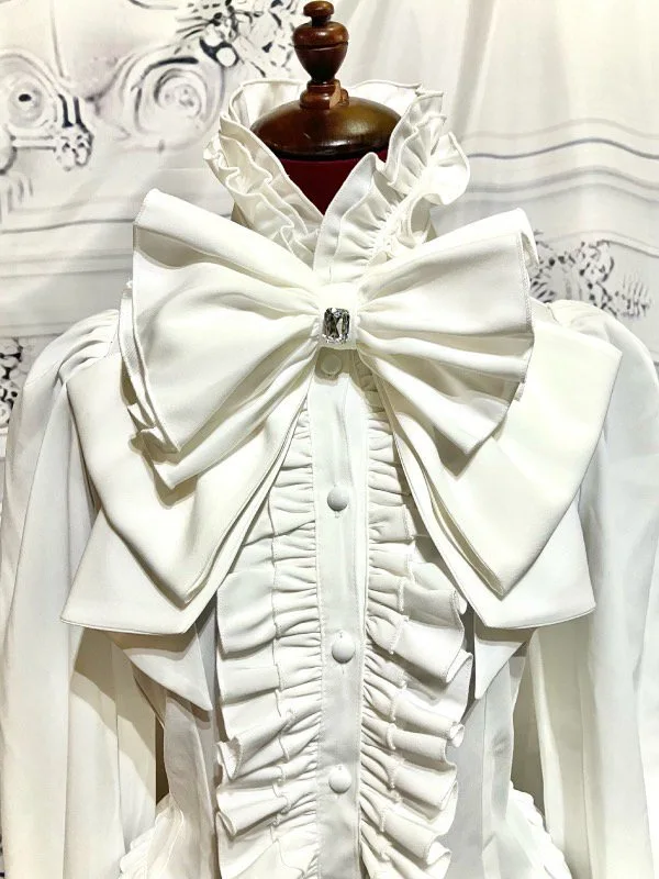 【MARBLE】マーブル ビジュー付きリボンタイフリルブラウス:白◆Lサイズ◆