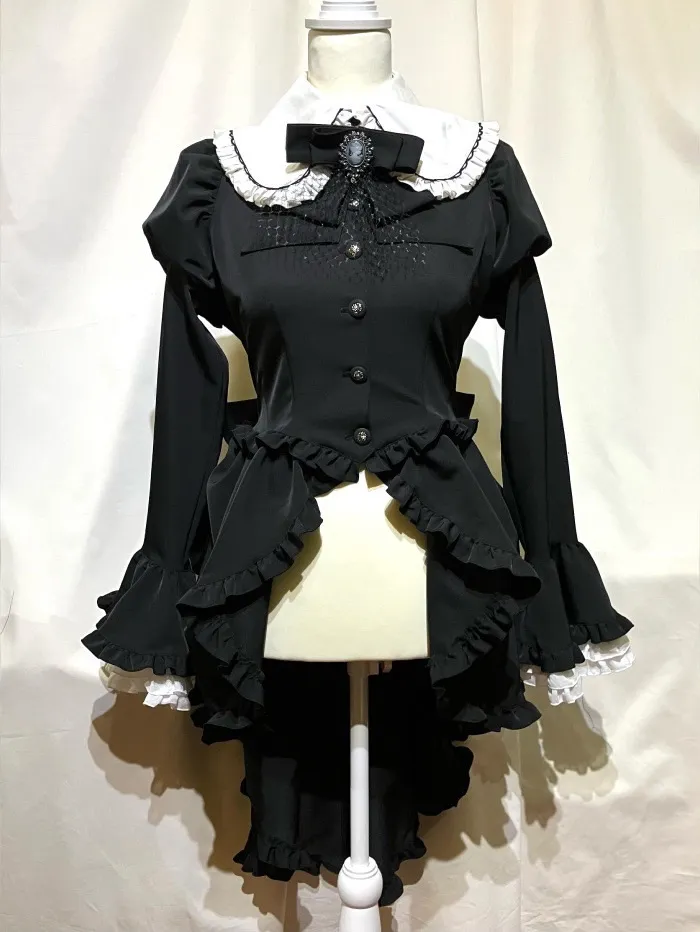 【MARBLE】マーブル カメオタイ付きクラシカルバッスルリボンワンピース +レイヤードV字フェミニンスカート:黒×白刺繍柄フリル