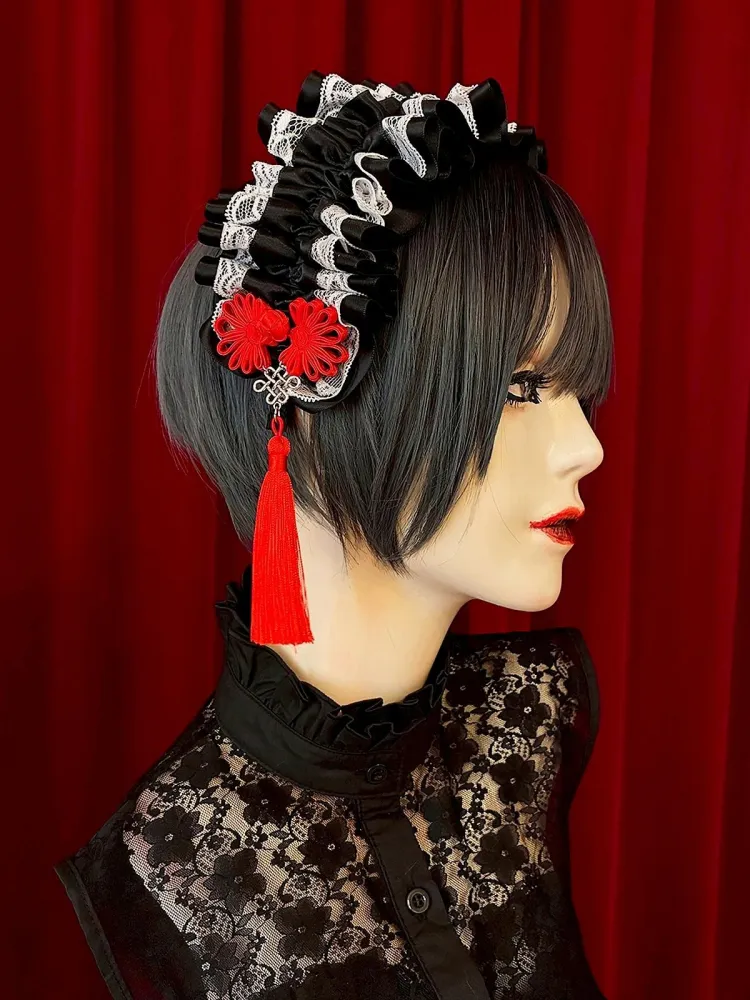 【Estrellas】エストレージャス アジアンゴシックタッセルカチューシャ/黒×白/赤タッセル★ウィンターセール2月23日まで★