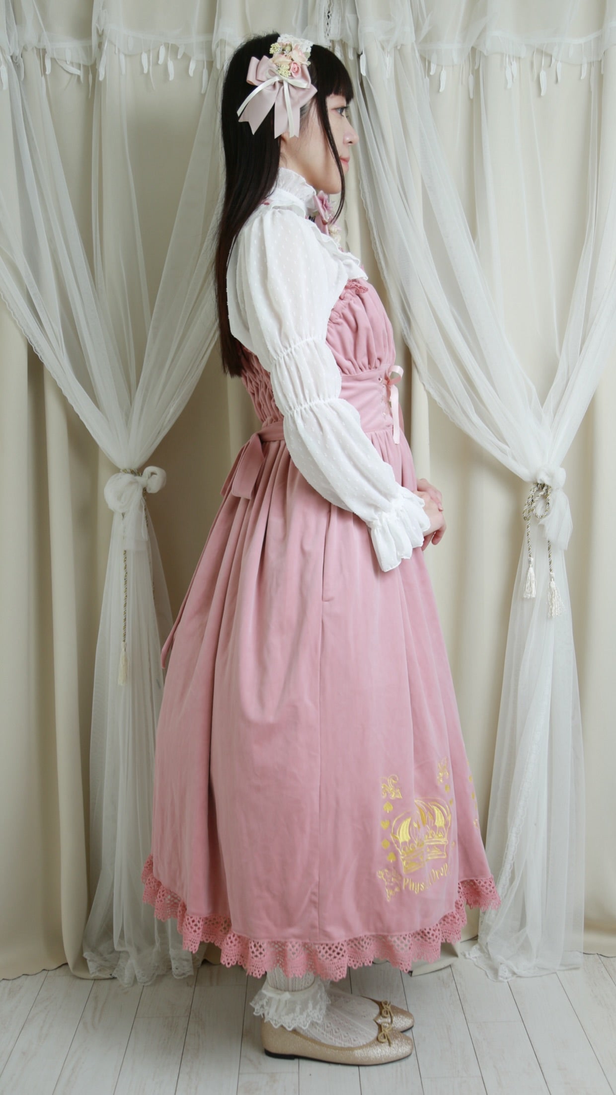 【Physical Drop】フィジカルドロップ 王冠刺繍別珍ジャンパースカートピンク】