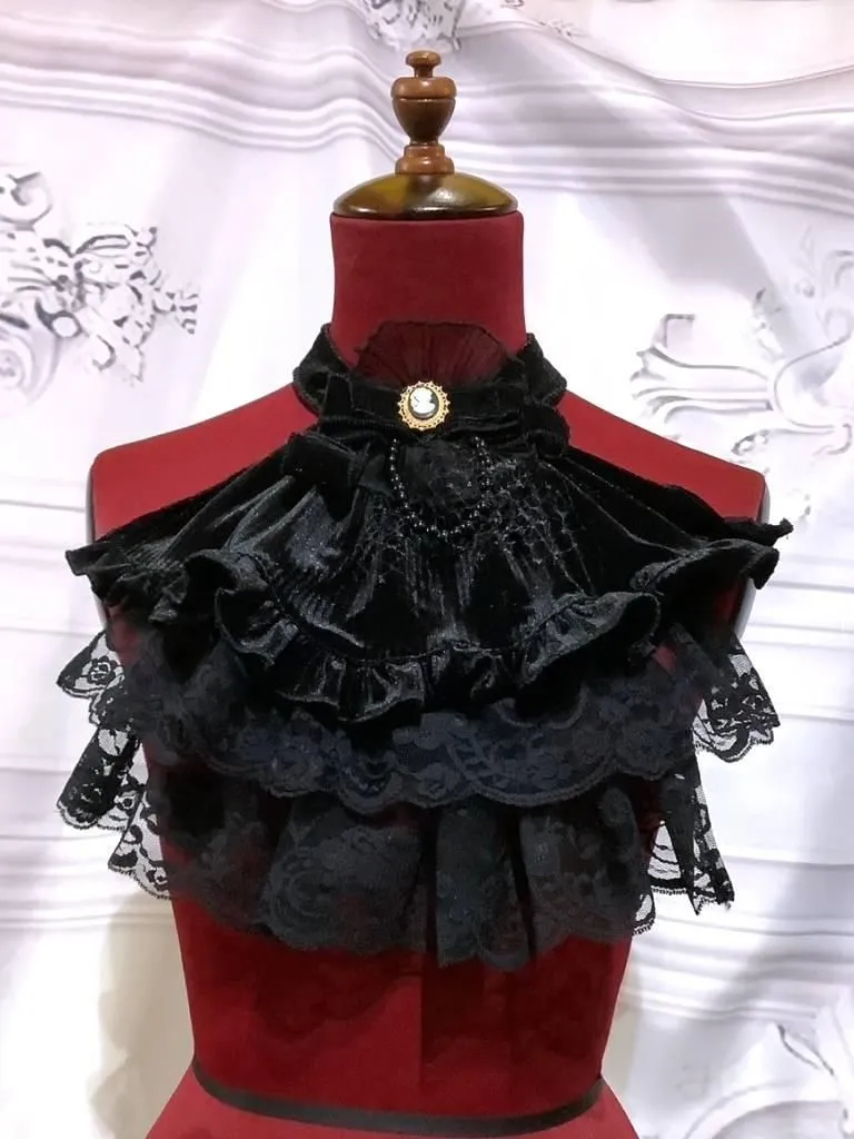 【MARBLE】マーブル パール付きクラシカルゴシック調タイ:黒ストライプベロア×黒レース