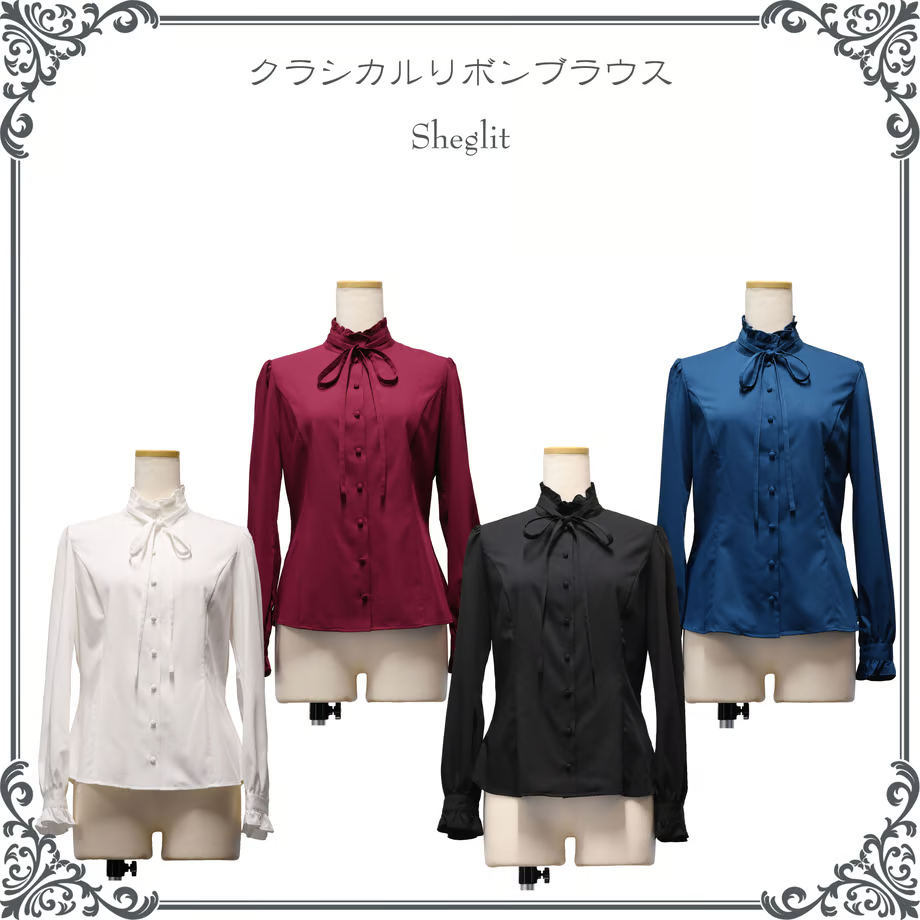 【Sheglit】シェグリット クラシカルリボンブラウス ホワイト/ボルドー/ブルー/ブラック