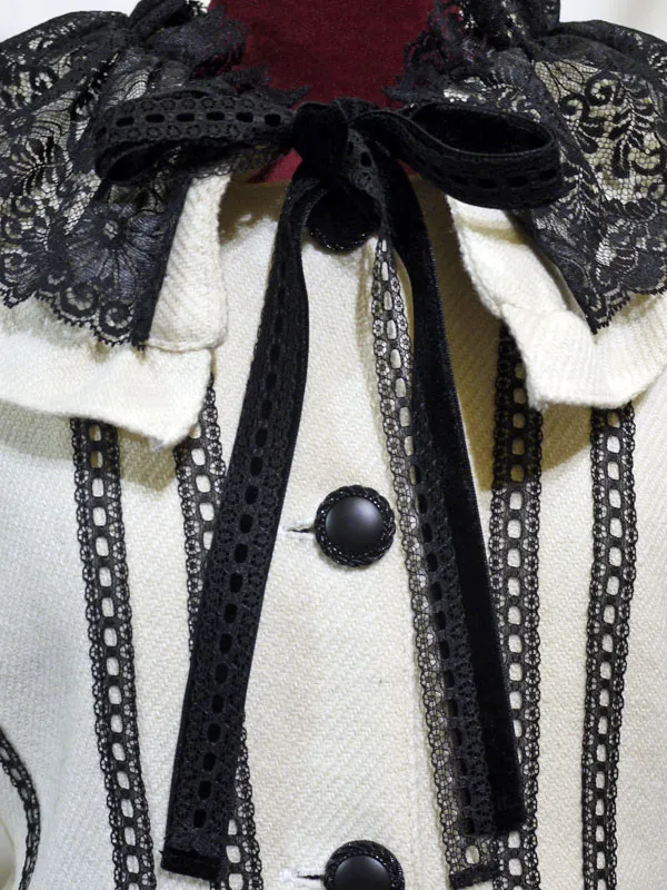 【MARBLE】マーブル レース飾りロマンティックコート:オフ白×黒レース